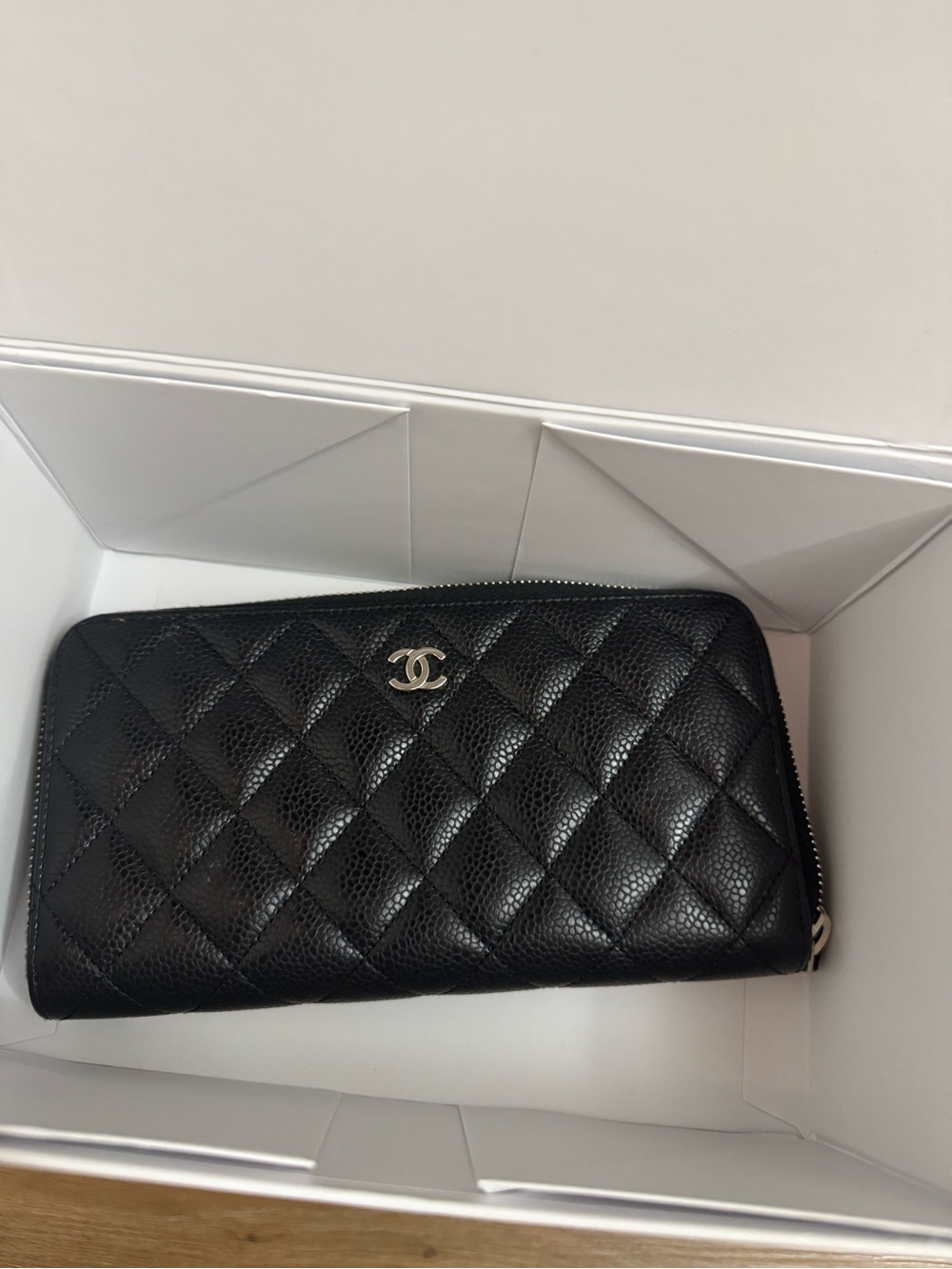 CHANEL Black Quilted Caviar Leather Zip Around Wallet with Silver CC